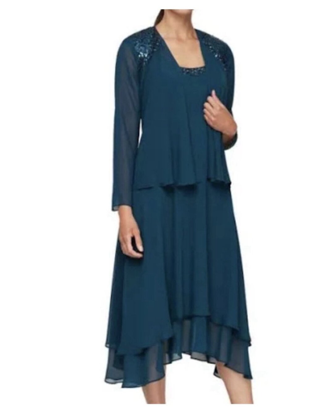 SLNY Womens 2 Piece Chiffon Jacket Dress Party Wedding Guest Teal 12P $150